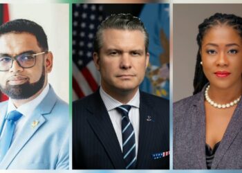 L-R Pres Irfaan Ali, US Secty of War Pete Hegseth FGM Leader Amanza Walton MP