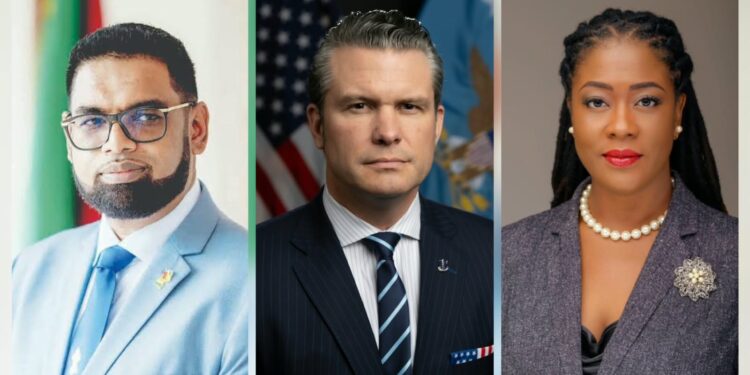 L-R Pres Irfaan Ali, US Secty of War Pete Hegseth FGM Leader Amanza Walton MP