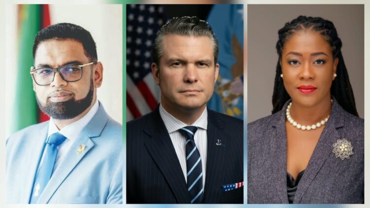 L-R Pres Irfaan Ali, US Secty of War Pete Hegseth FGM Leader Amanza Walton MP