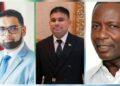 L-R President Irfaan Ali, Opposition Leader Azruddin Mohamed GTUC General Secretary Lincoln Lewis