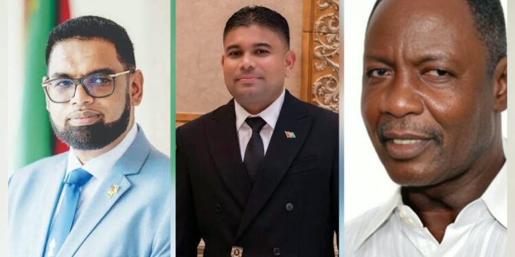 L-R President Irfaan Ali, Opposition Leader Azruddin Mohamed GTUC General Secretary Lincoln Lewis