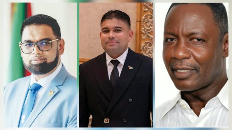 L-R President Irfaan Ali, Opposition Leader Azruddin Mohamed GTUC General Secretary Lincoln Lewis