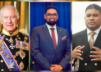 L-R King Charles III, President Irfaan Ali, Opposition Leader azruddin Mohamed