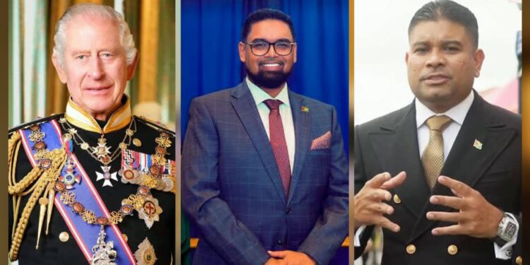 L-R King Charles III, President Irfaan Ali, Opposition Leader azruddin Mohamed