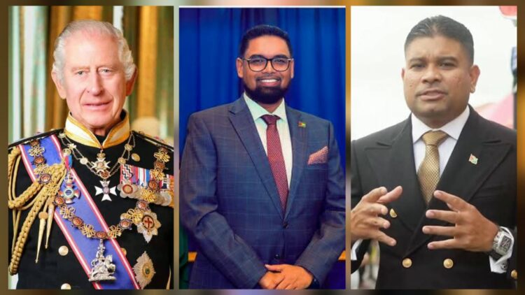 L-R King Charles III, President Irfaan Ali, Opposition Leader azruddin Mohamed