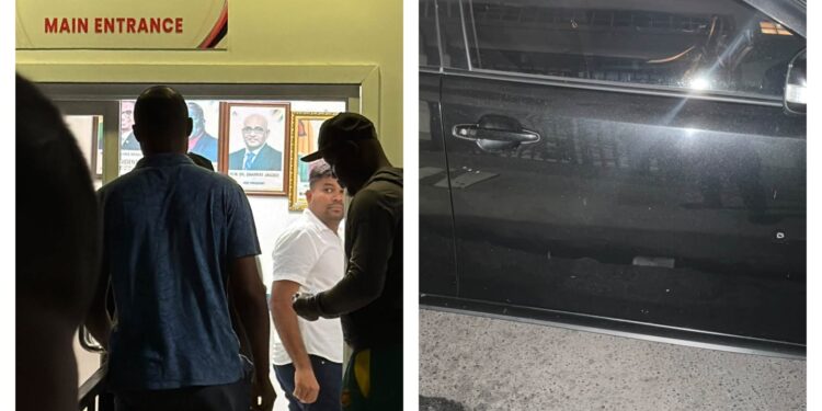 L-R Opposition Leader Azruddin Mohamed taken into police custody and the vehicle that was allegedly shot at