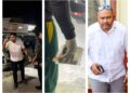 L-R Opposition Leader Mohamed (in white shirt), the alleged gun found, and Special Branch head Prem Narine