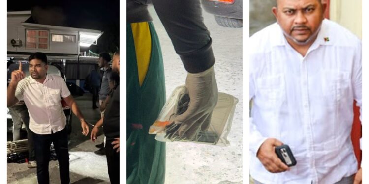 L-R Opposition Leader Mohamed (in white shirt), the alleged gun found, and Special Branch head Prem Narine