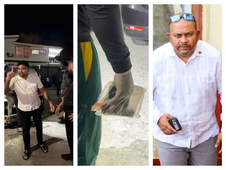 L-R Opposition Leader Mohamed (in white shirt), the alleged gun found, and Special Branch head Prem Narine