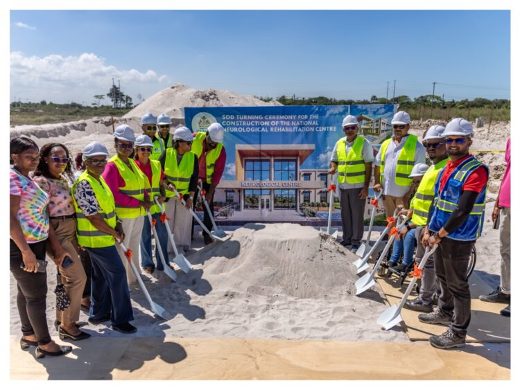Dr. Frank Anthony, Minister of Health, alongside programme heads and other senior officials of the Ministry of Health, at the sod-turning ceremony for Guyana’s first Neurological Rehabilitation Centre.
