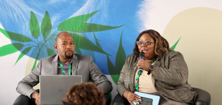 Teshia Jn Baptiste, Senior Project Officer, Sustainable Development, CARICOM Secretariat, makes an intervention during one of the side events at COP 17. (Photo via OECS)