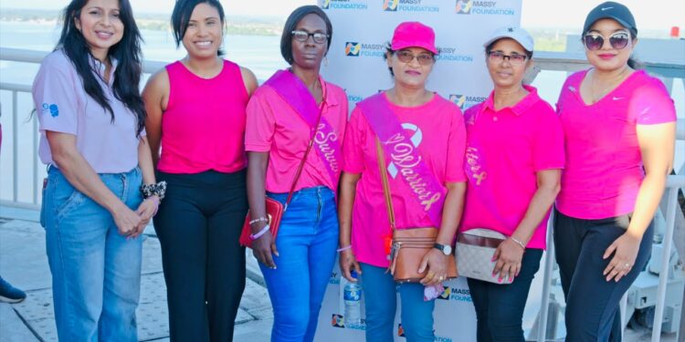 From left: Dr Shivani Samlall, Chief Executive Officer of Lotus Cancer Initiative Inc.; Teisha Miller, Chairperson of the Massy Foundation; breast cancer survivors Ronetta Williams, Rona Kission and Jean Doodnauth; and Dr Shalena Jeffers, member of Lotus Cancer Initiative Inc.