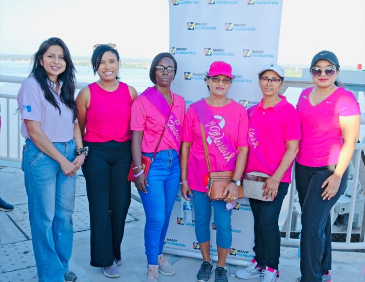 From left: Dr Shivani Samlall, Chief Executive Officer of Lotus Cancer Initiative Inc.; Teisha Miller, Chairperson of the Massy Foundation; breast cancer survivors Ronetta Williams, Rona Kission and Jean Doodnauth; and Dr Shalena Jeffers, member of Lotus Cancer Initiative Inc.