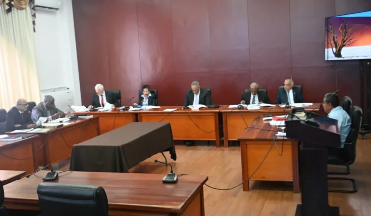 Members of the Presidential Commission of Inquiry (COI) into the MV Barima during the seventh day of public hearings at the Arthur Chung Conference Centre (ACCC)