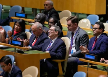 The Cuban delegation, including Cuban foreign minister Bruno Rodriguez Parrilla, center, reacts after a vote on ending the United States’ blockade of Cuba at United Nations headquarters, Wednesday, Oct. 28, 2026. (AP Photo/Seth Wenig) License this photo