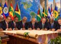 Illustration of former heads of government of the Caribbean Community signing a petition to Heads of Government of the United Nations in. support of Cuba.