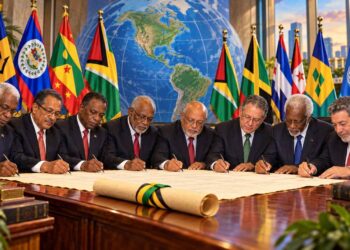 Illustration of former heads of government of the Caribbean Community signing a petition to Heads of Government of the United Nations in. support of Cuba.