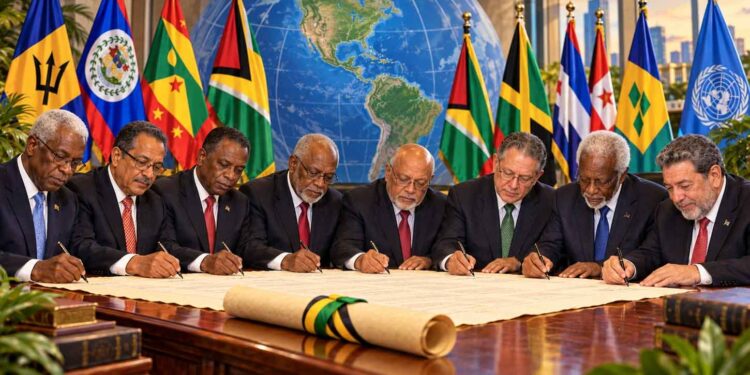 Illustration of former heads of government of the Caribbean Community signing a petition to Heads of Government of the United Nations in. support of Cuba.