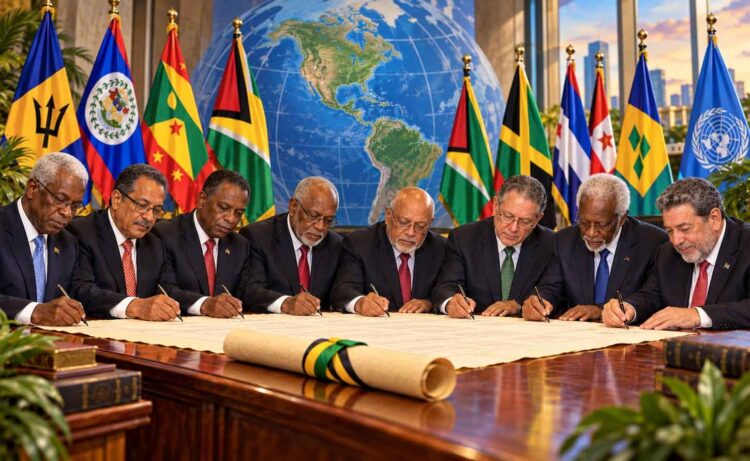 Illustration of former heads of government of the Caribbean Community signing a petition to Heads of Government of the United Nations in. support of Cuba.