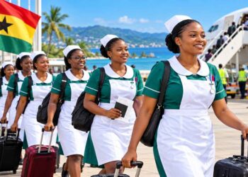 Graphic showing Ghana nurses going from Accra, Ghana, to St John’s, Bridgetown and St George’s in the Caribbean