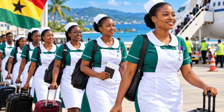 Graphic showing Ghana nurses going from Accra, Ghana, to St John’s, Bridgetown and St George’s in the Caribbean