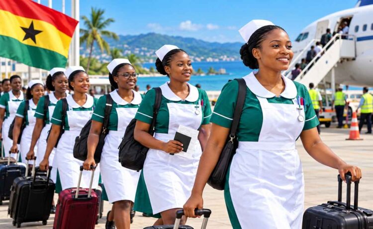 Graphic showing Ghana nurses going from Accra, Ghana, to St John’s, Bridgetown and St George’s in the Caribbean