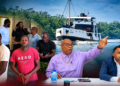 L-R- three MV Barima crew charged with murder; Ministers Juan Edghill and Deodat Indar who have responsibilities for transportation and aviation