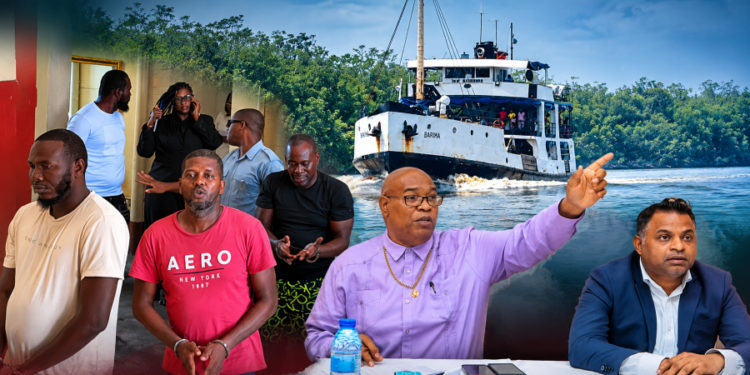 L-R- three MV Barima crew charged with murder; Ministers Juan Edghill and Deodat Indar who have responsibilities for transportation and aviation