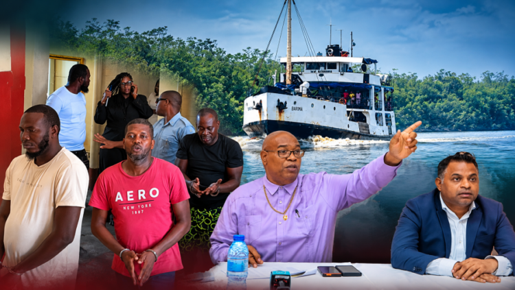 L-R- three MV Barima crew charged with murder; Ministers Juan Edghill and Deodat Indar who have responsibilities for transportation and aviation