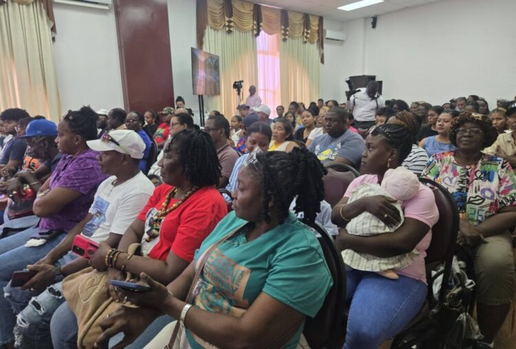 Families and supporters of the MV Barima tragedy attending the Commissioners COI meeting October 7, 2026 at Arthur Chung Convention (Kyon Brown's mother sitting in front row in red t-shirt)