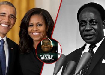 L-R Former US President and First Lady Barack and Michelle Obama; Chris Hesse, late Ghana Prime Minister Kwame Nkrumah's personal cameraman and late Ghana Prime Minister Kwame Nkrumah
(Tuko photo)