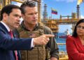 L-R US secty of State Marco Rubio, US Secty of War Pete Hegseth, Venezuela acting President  Delcy Rodríguez