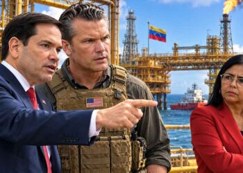 L-R US secty of State Marco Rubio, US Secty of War Pete Hegseth, Venezuela acting President  Delcy Rodríguez