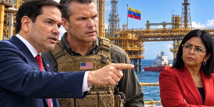 L-R US secty of State Marco Rubio, US Secty of War Pete Hegseth, Venezuela acting President Delcy Rodríguez
