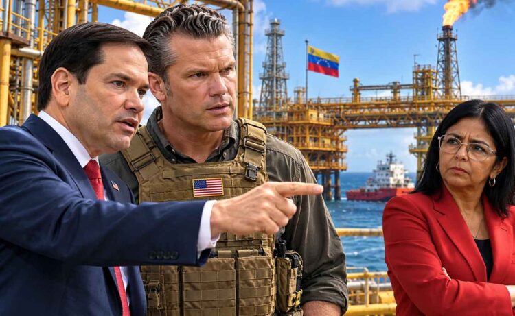L-R US secty of State Marco Rubio, US Secty of War Pete Hegseth, Venezuela acting President Delcy Rodríguez