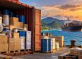 Illustration: assault rifles hidden among household goods in a shipping container on a dock, with a cargo ship heading toward Caribbean islands