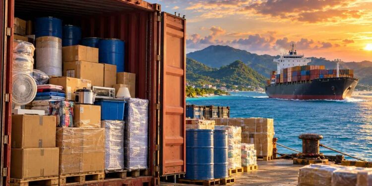 Illustration: assault rifles hidden among household goods in a shipping container on a dock, with a cargo ship heading toward Caribbean islands