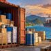 Illustration: assault rifles hidden among household goods in a shipping container on a dock, with a cargo ship heading toward Caribbean islands