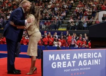Nicki Minaj and Donald Trump attend a rally on Sunday in Port Huron, Michigan, for Republican Mike Rogers before the midterm elections. Photograph: Jonathan Ernst/Reuters