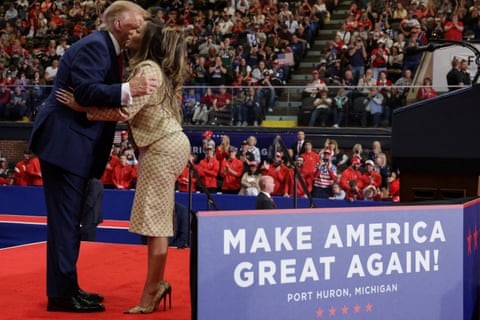 Nicki Minaj and Donald Trump attend a rally on Sunday in Port Huron, Michigan, for Republican Mike Rogers before the midterm elections. Photograph: Jonathan Ernst/Reuters